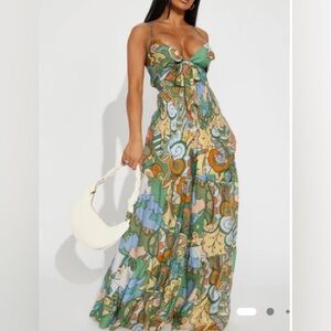 EUC FashionNova Kamiyah Printed Jumpsuit Wide Leg Colorful Retro Tie Front XL